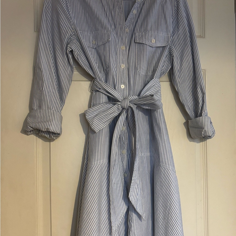 J. Crew Blue and White Striped Long Sleeve Shirt Dress